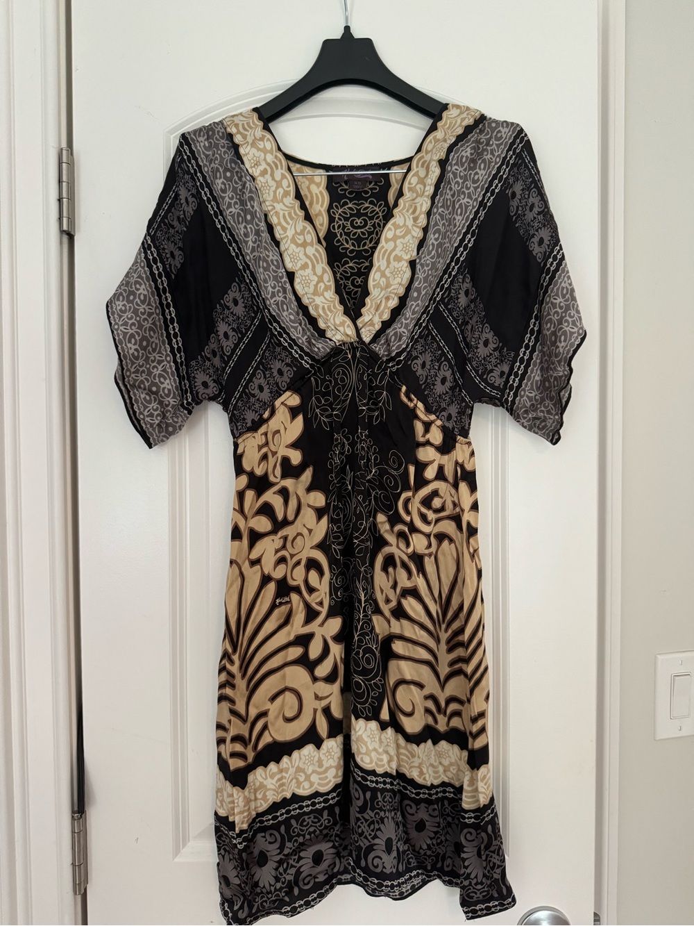 Black & Beige Patterned V-Neck Dress